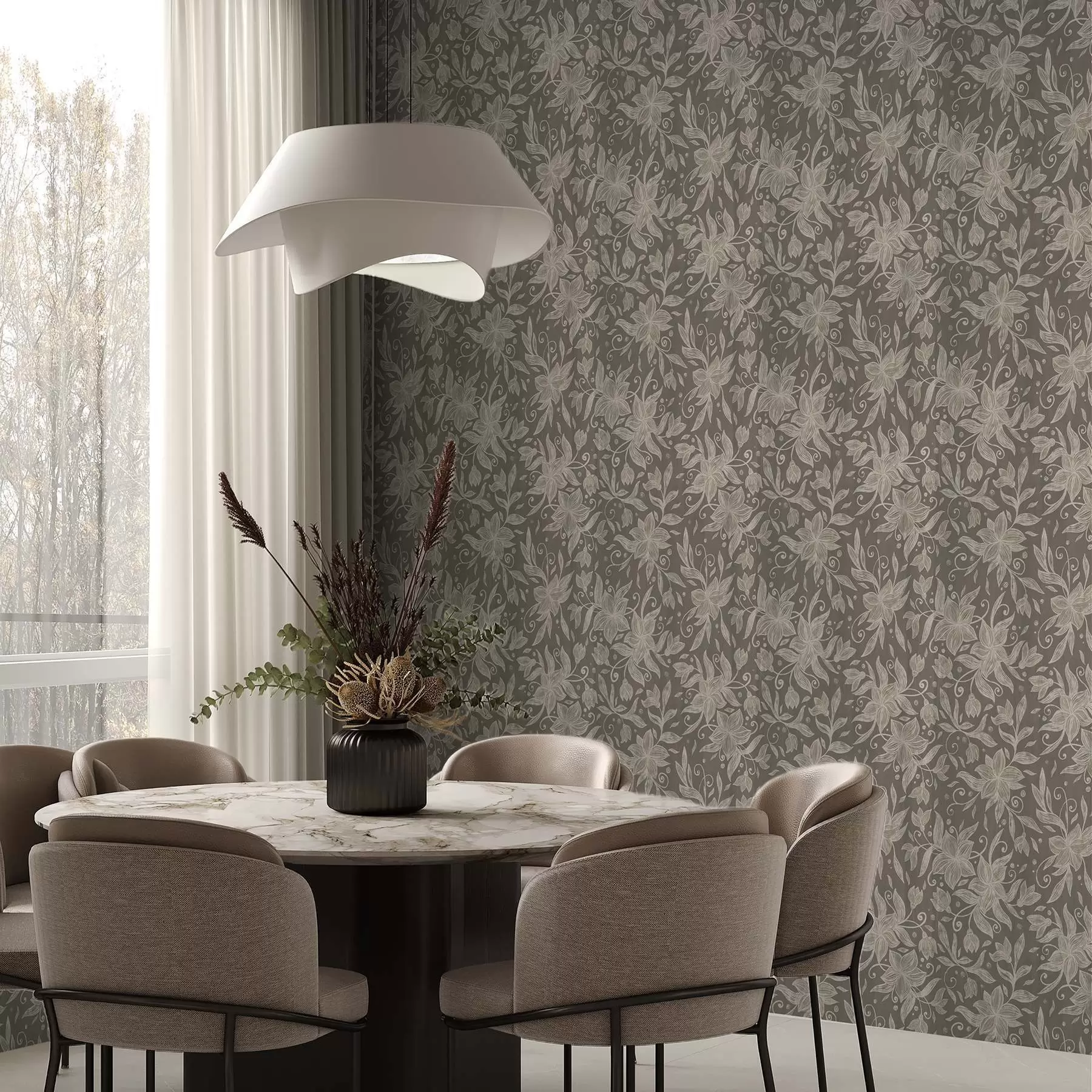 Fotobehang Lichte lineaire bloemen, decoratieve krullen a00630v1
