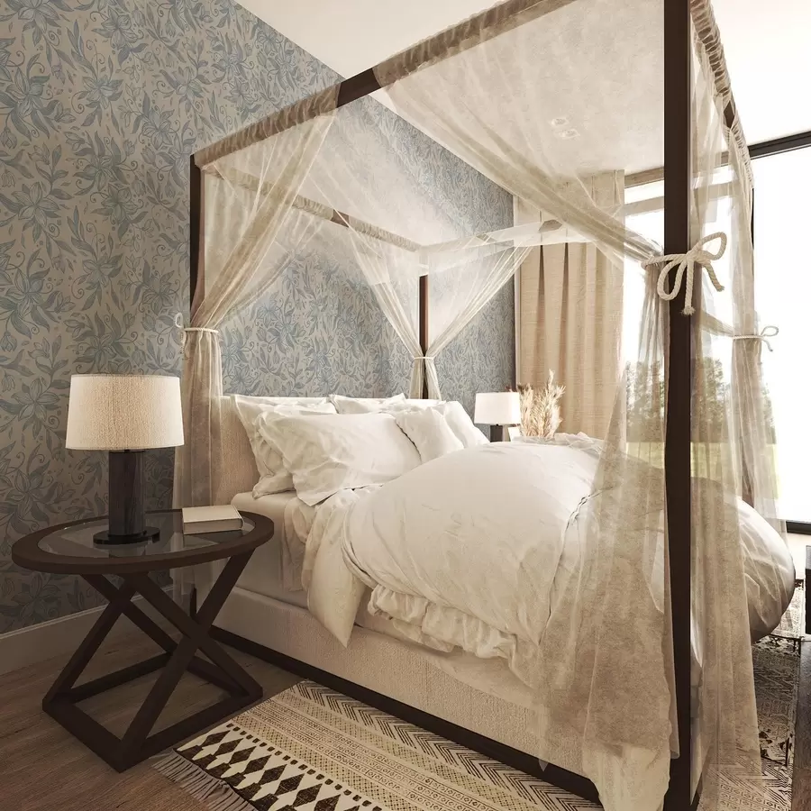 Fotobehang Blauw lineair bloemenpatroon op warm beige a00630v2