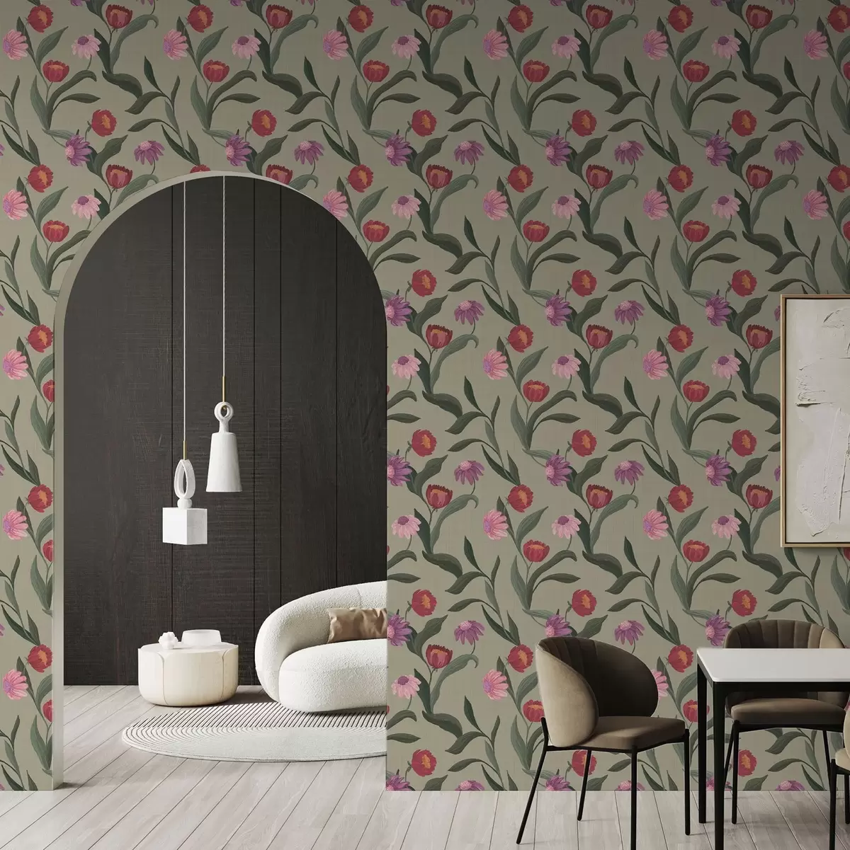 Behang Rozerode bloemen op een olijfkleurige achtergrond, canvasstructuur a00631v1