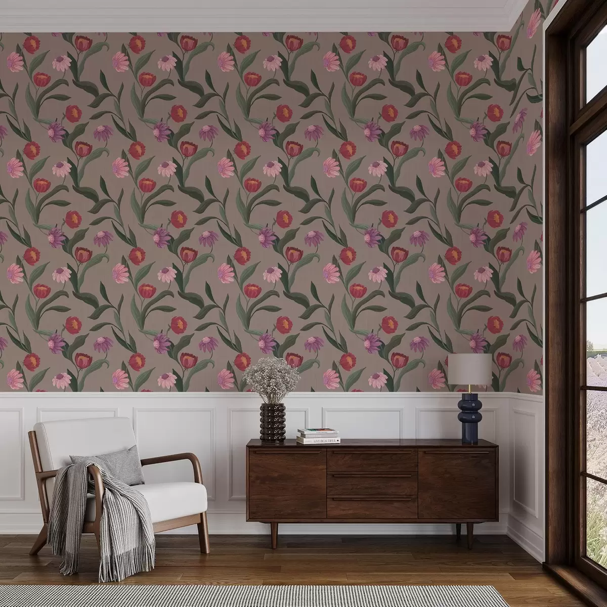 Behang Rozerode bloemen op een taupekleurige achtergrond, lange stelen a00631v2