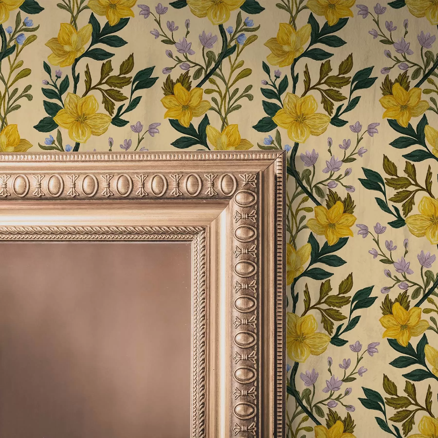 Fotobehang Gele bloemen in verticale slingers op een crèmekleurige achtergrond a00632