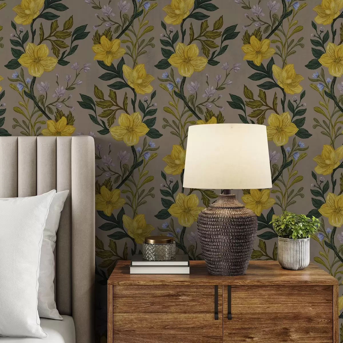 Behang Gele bloemen in verticale slingers op een taupekleurige achtergrond a00632v1