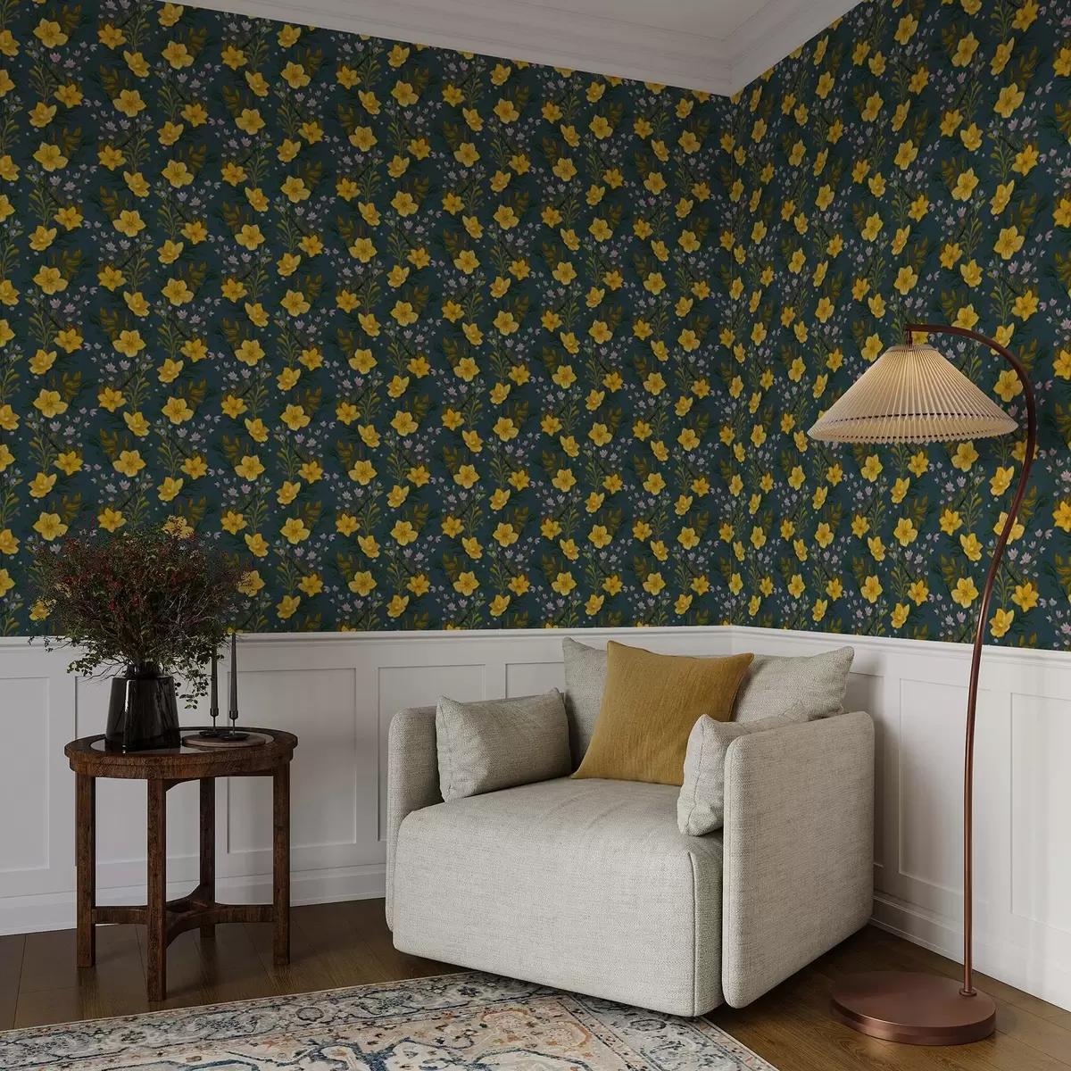 Behang Gele bloemen in verticale slingers op een donkerblauwe achtergrond a00632v2