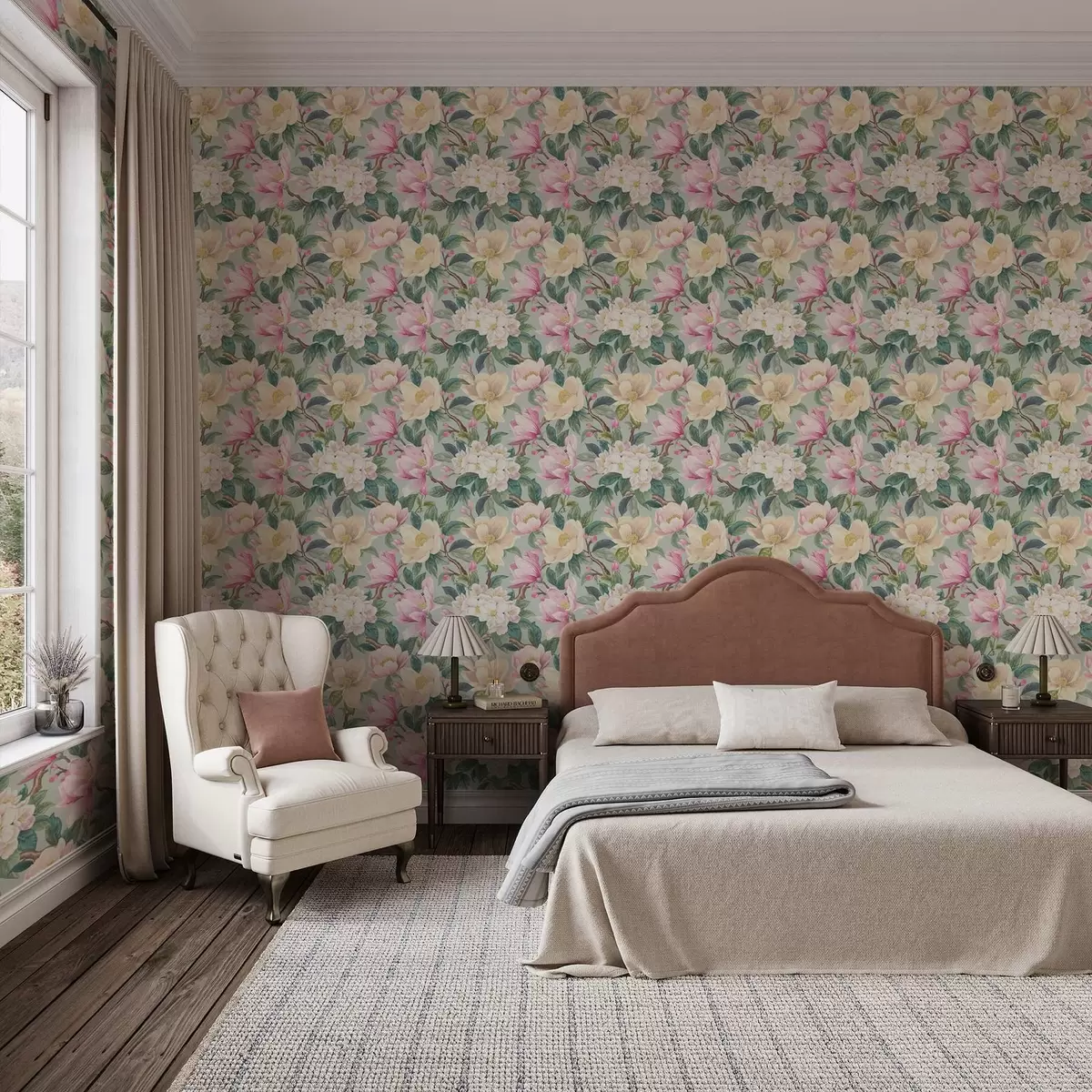 Behang Magnolia's en witte bloesems op een mintgrijze achtergrond a00644