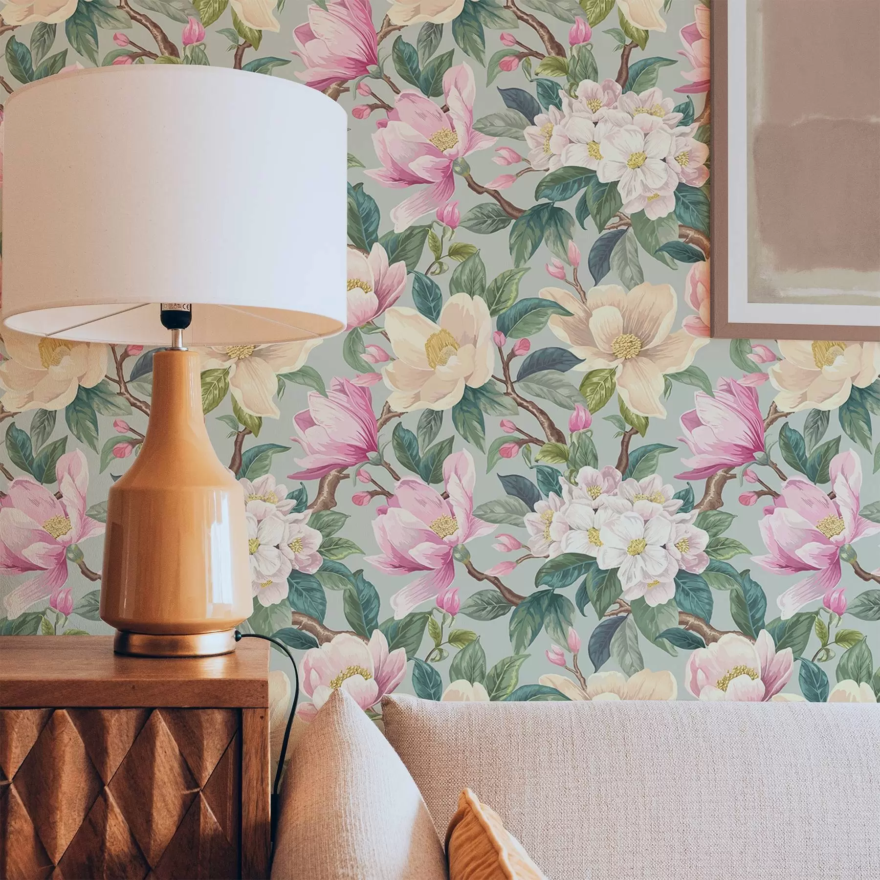 Fotobehang Magnolia's en witte bloesems op een mintgrijze achtergrond a00644