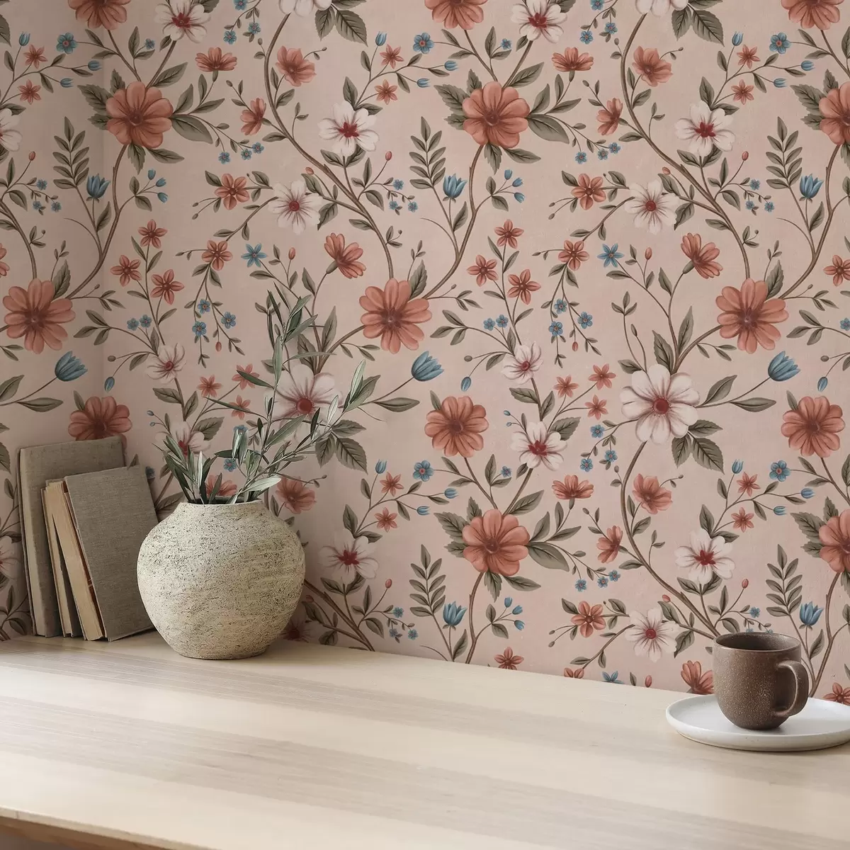 Behang Roze-koraalkleurige bloemen en bladeren op oudroze a00667