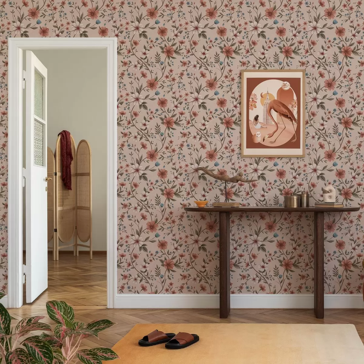 Behang Roze-koraalkleurige bloemen en bladeren op oudroze a00667