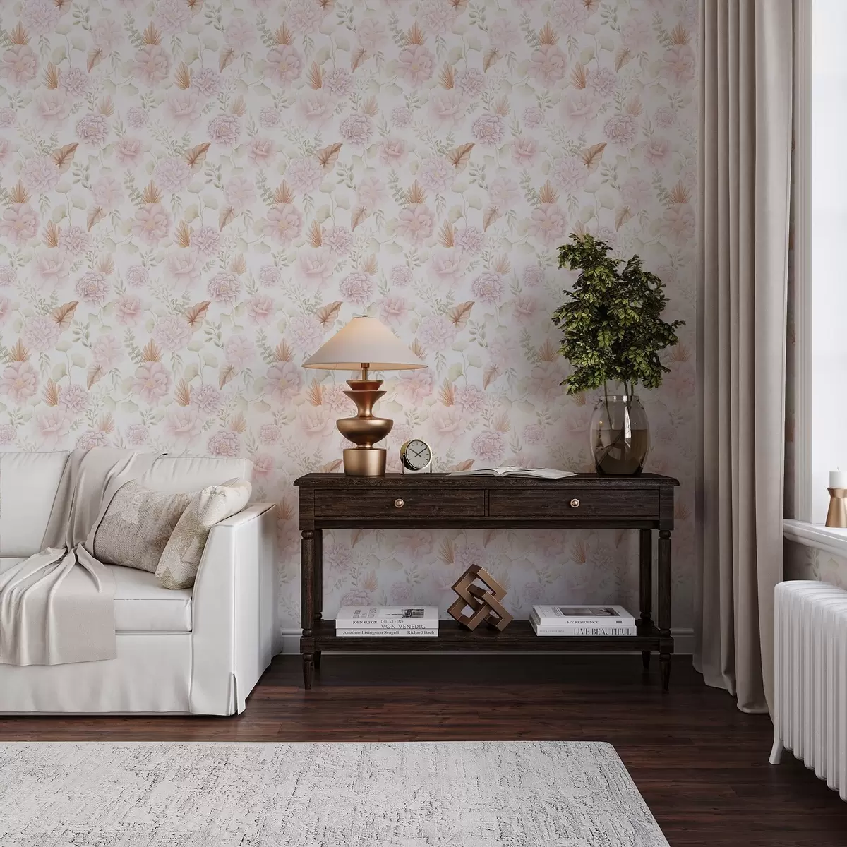 Behang Zachte pastelkleurige pioenrozen en bladeren op een witte achtergrond a00669 Behang Zachte pastelkleurige pioenrozen en bladeren op een witte achtergrond a00669