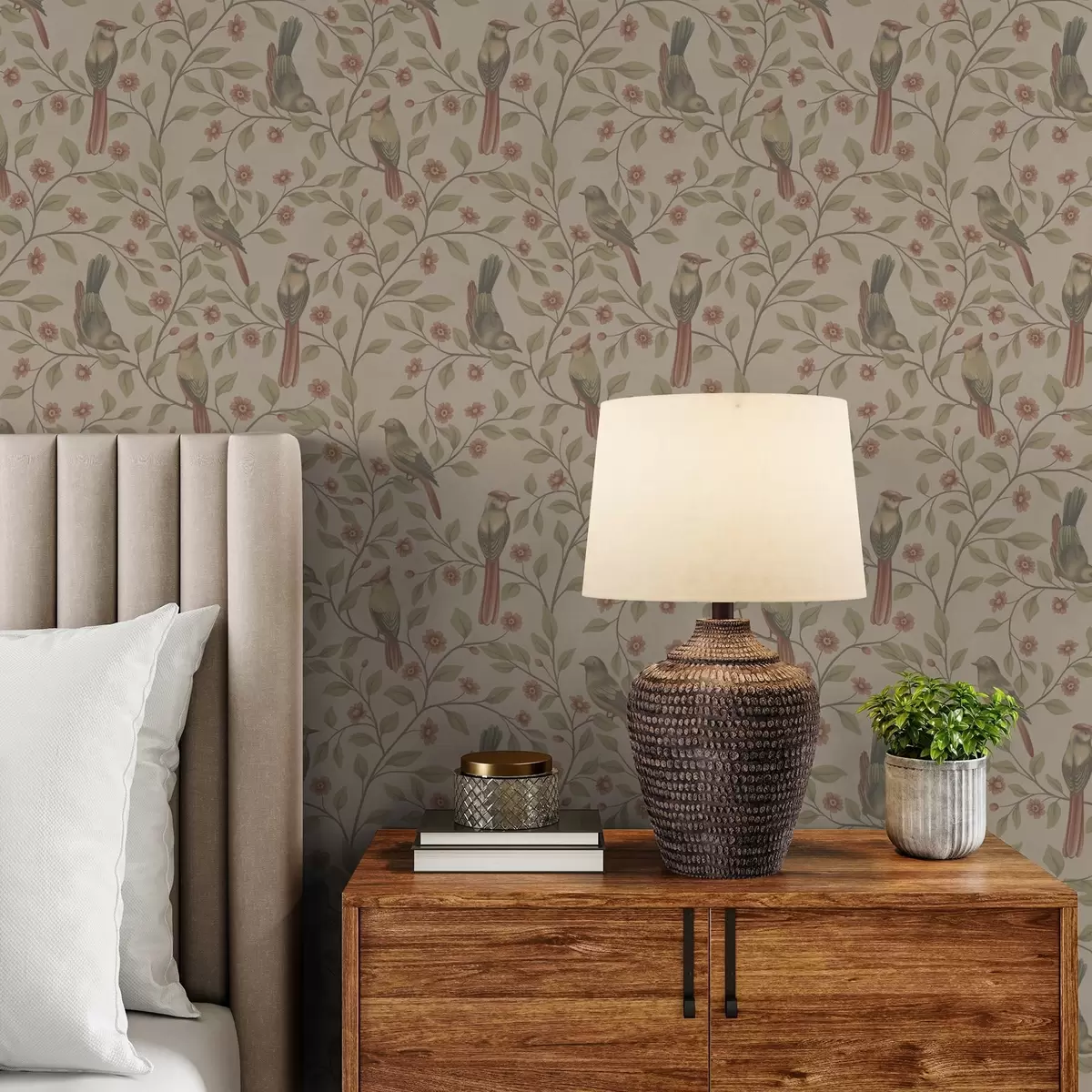 Behang Vogels op bloeiende takken, warme beige achtergrond a00670