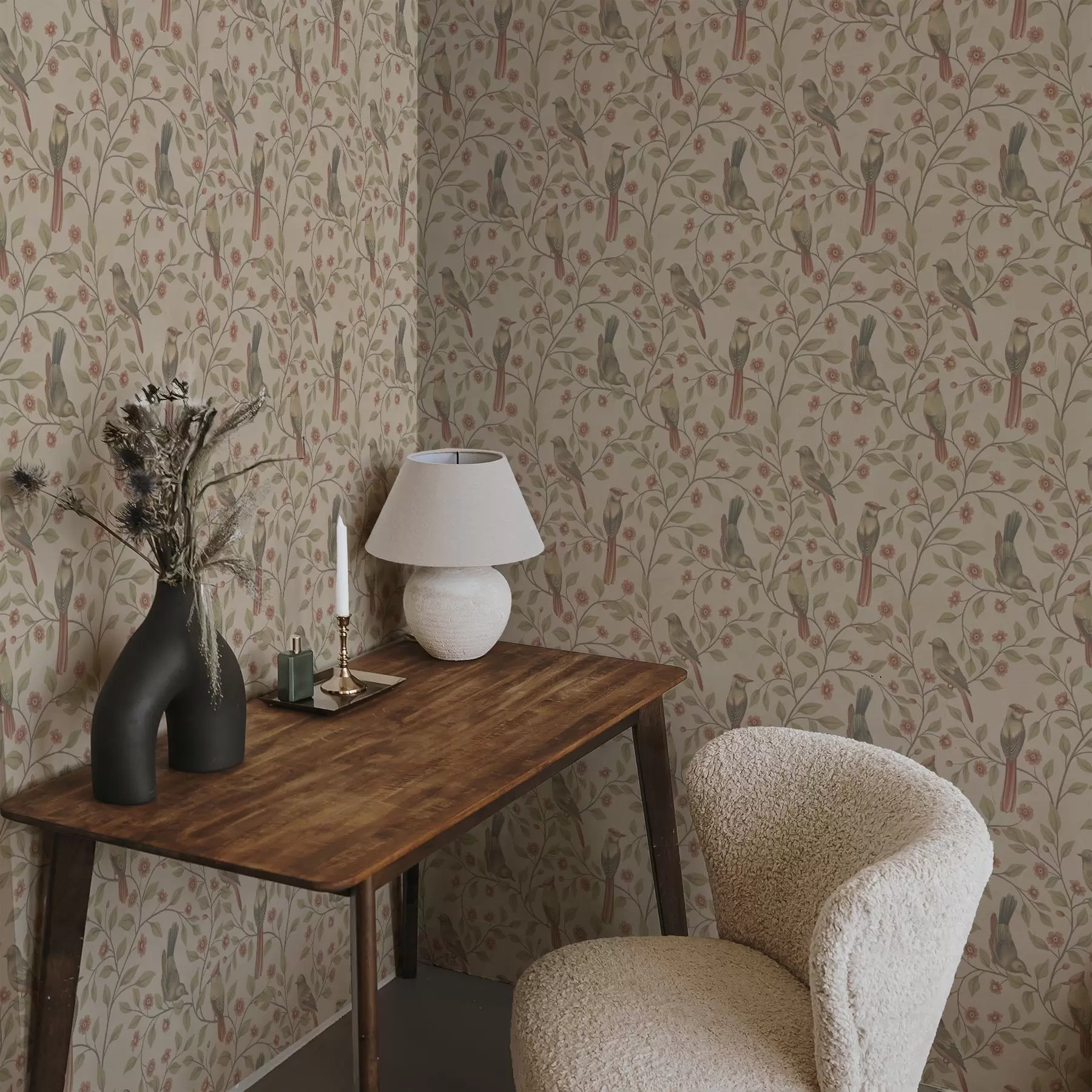 Fotobehang Vogels op bloeiende takken, warme beige achtergrond a00670