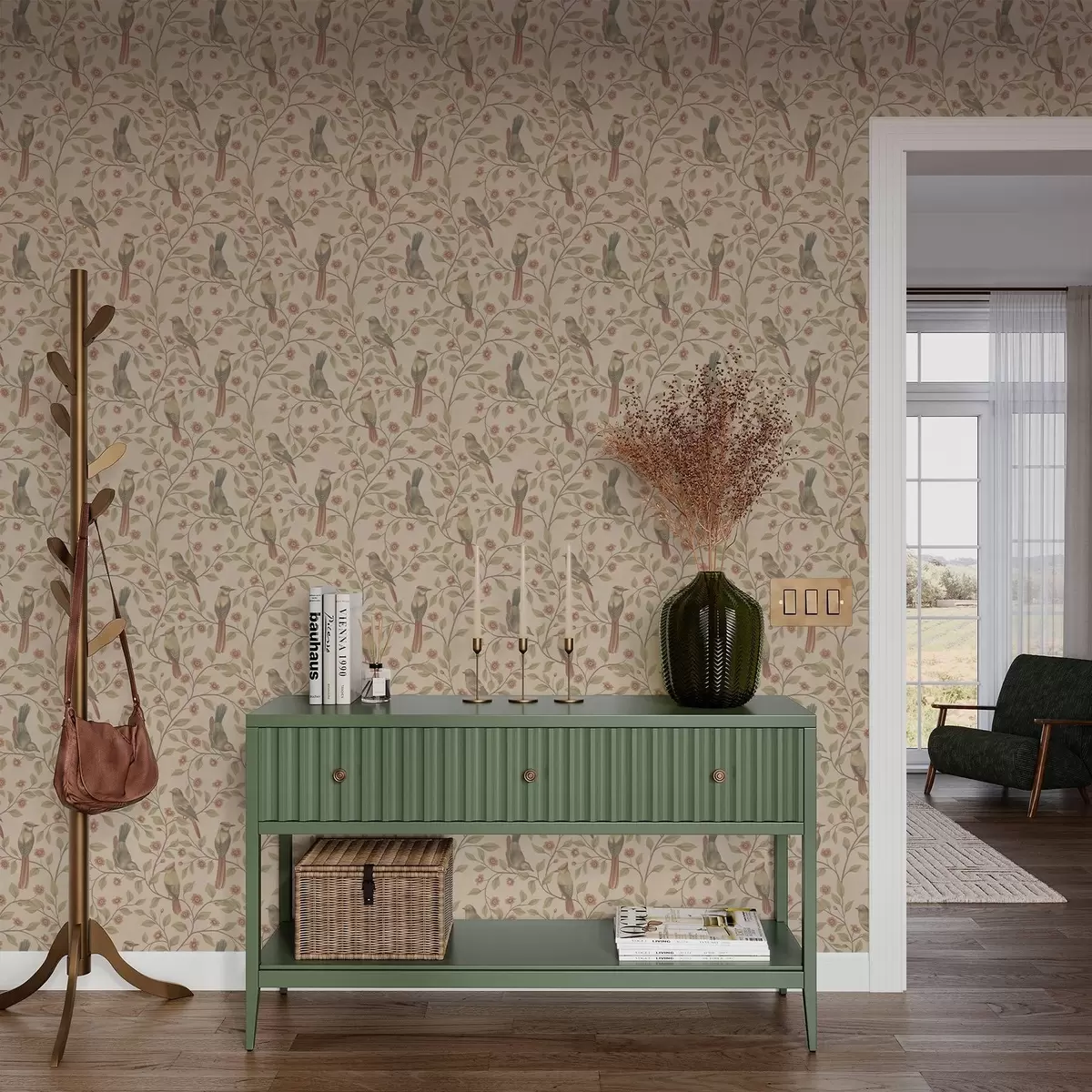 Behang Vogels op bloeiende takken, warme beige achtergrond a00670