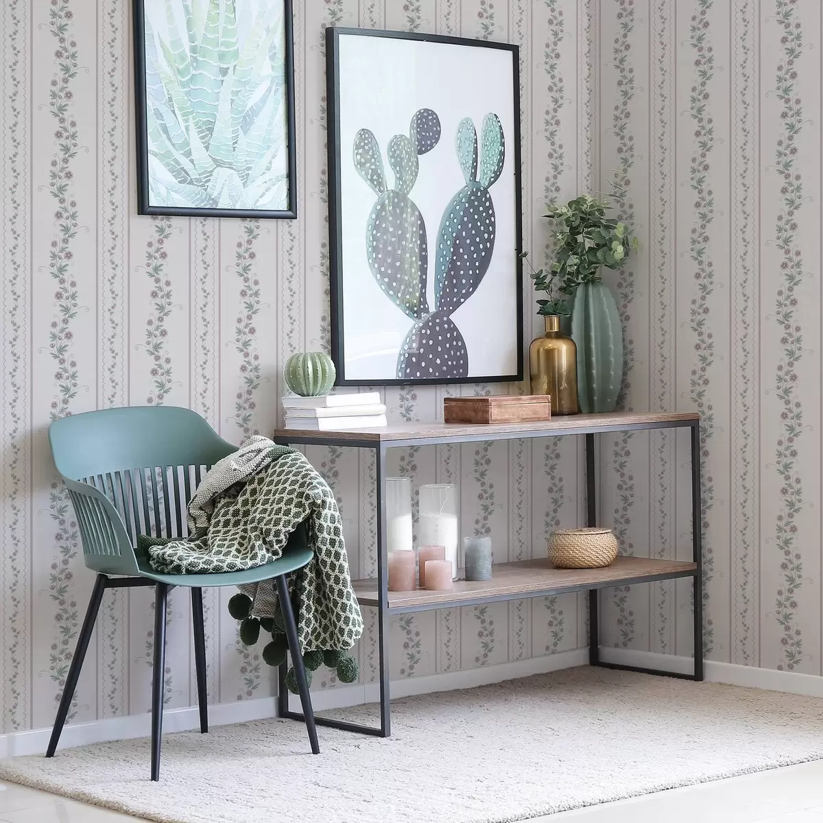 Behang Fijne strepen met lavendelbloemen, vintage a00671