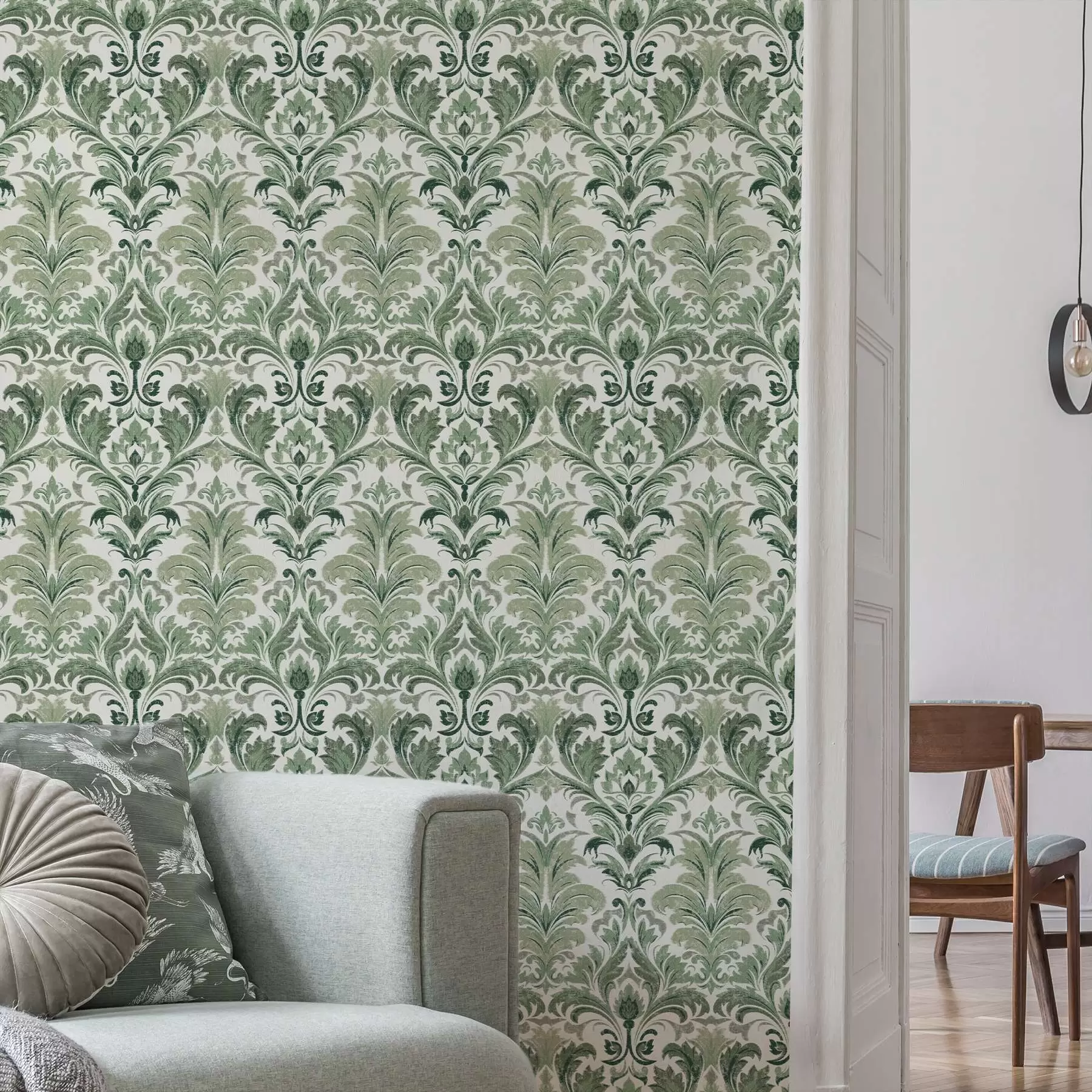 Fotobehang Groen damast met reliëfstructuur op een lichte achtergrond a00692 kopen - Uwalls.nl Fotobehang Groen damast met reliëfstructuur op een lichte achtergrond a00692