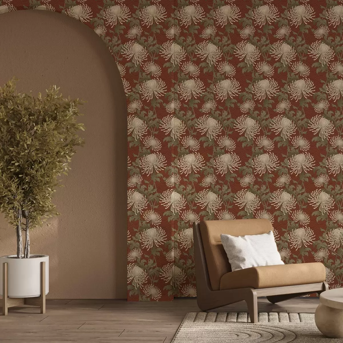 Behang Crèmekleurige chrysanten op een terracotta achtergrond, Aziatische stijl a00693