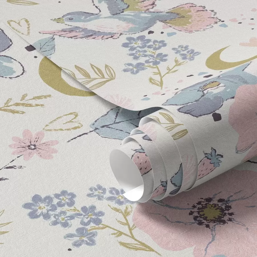 Fotobehang Pastelkleurige vogels en bloemen met halve manen op een witte achtergrond a00721