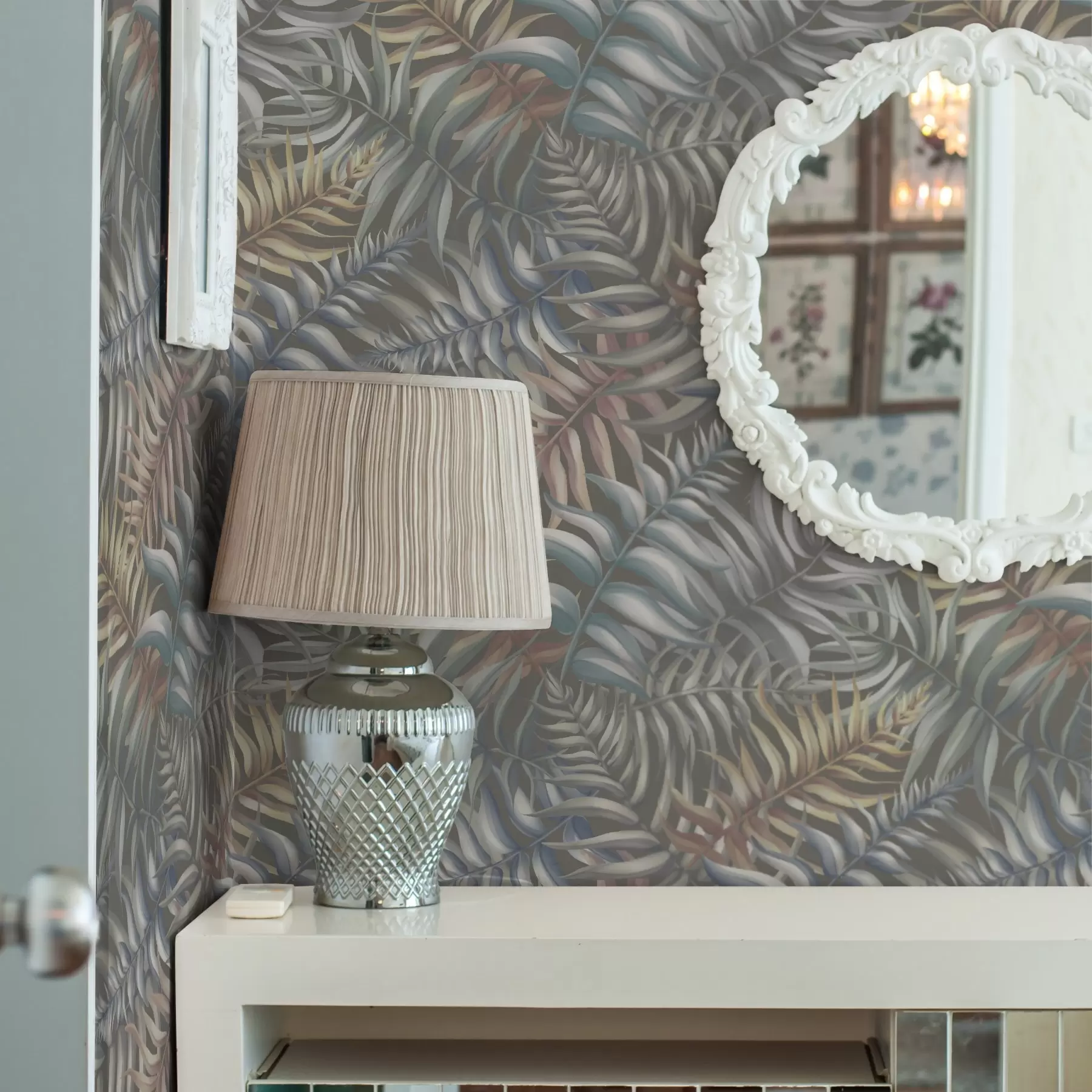 Fotobehang Gelaagde palmbladeren in gedempte tinten a00789