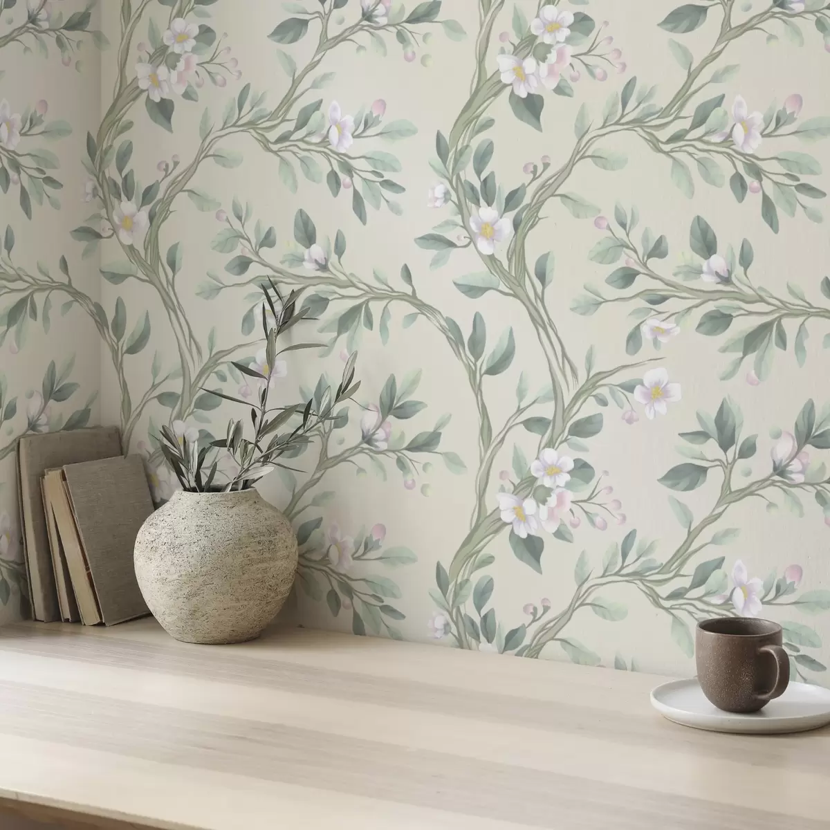 Behang Delicate bloeiende takken op een crèmekleurige achtergrond, pastel a00793