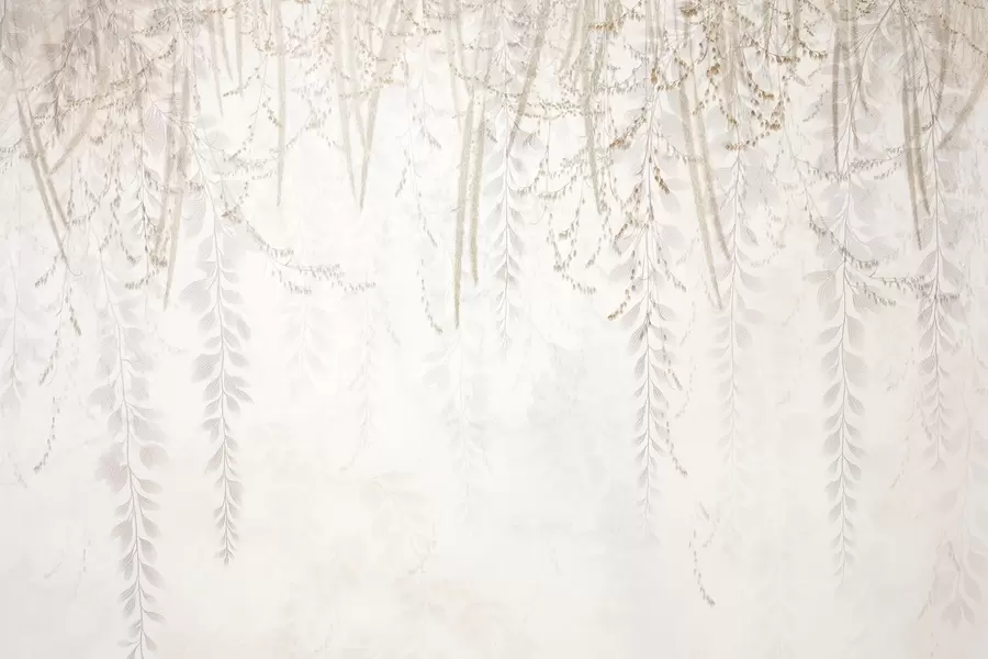 Fotobehang Lichte hangende bladeren en takken in beige tinten w09433