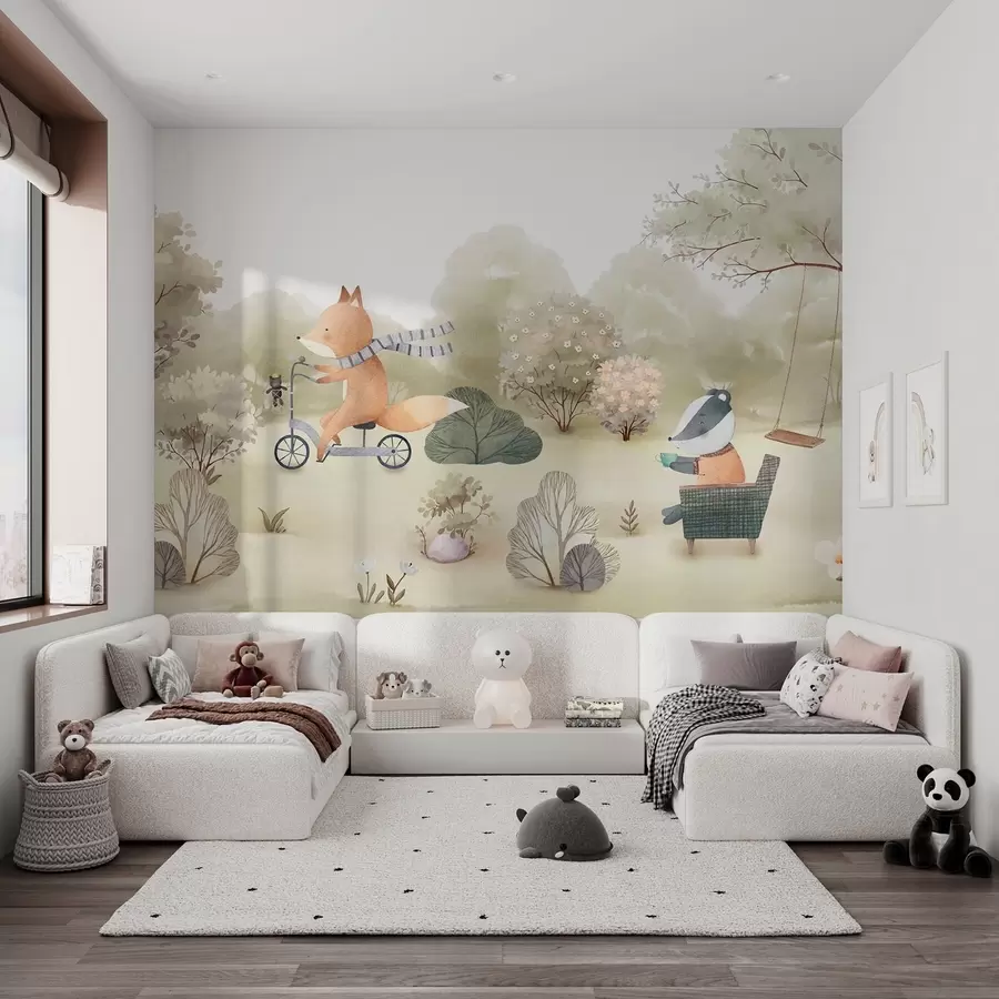 Fotobehang Vos op een fiets en das met thee, bosdieren in aquarelstijl w09439