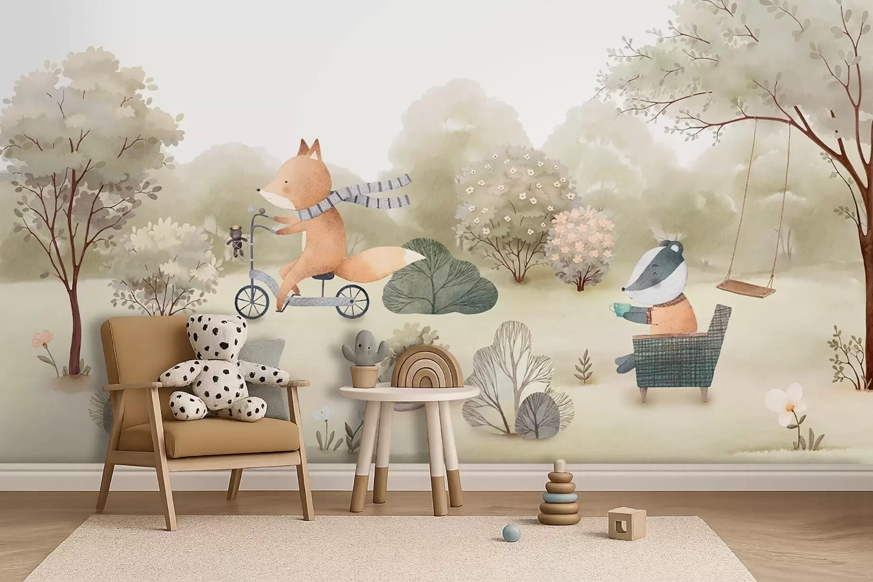 Fotobehang Vos op een fiets en das met thee, bosdieren in aquarelstijl w09439