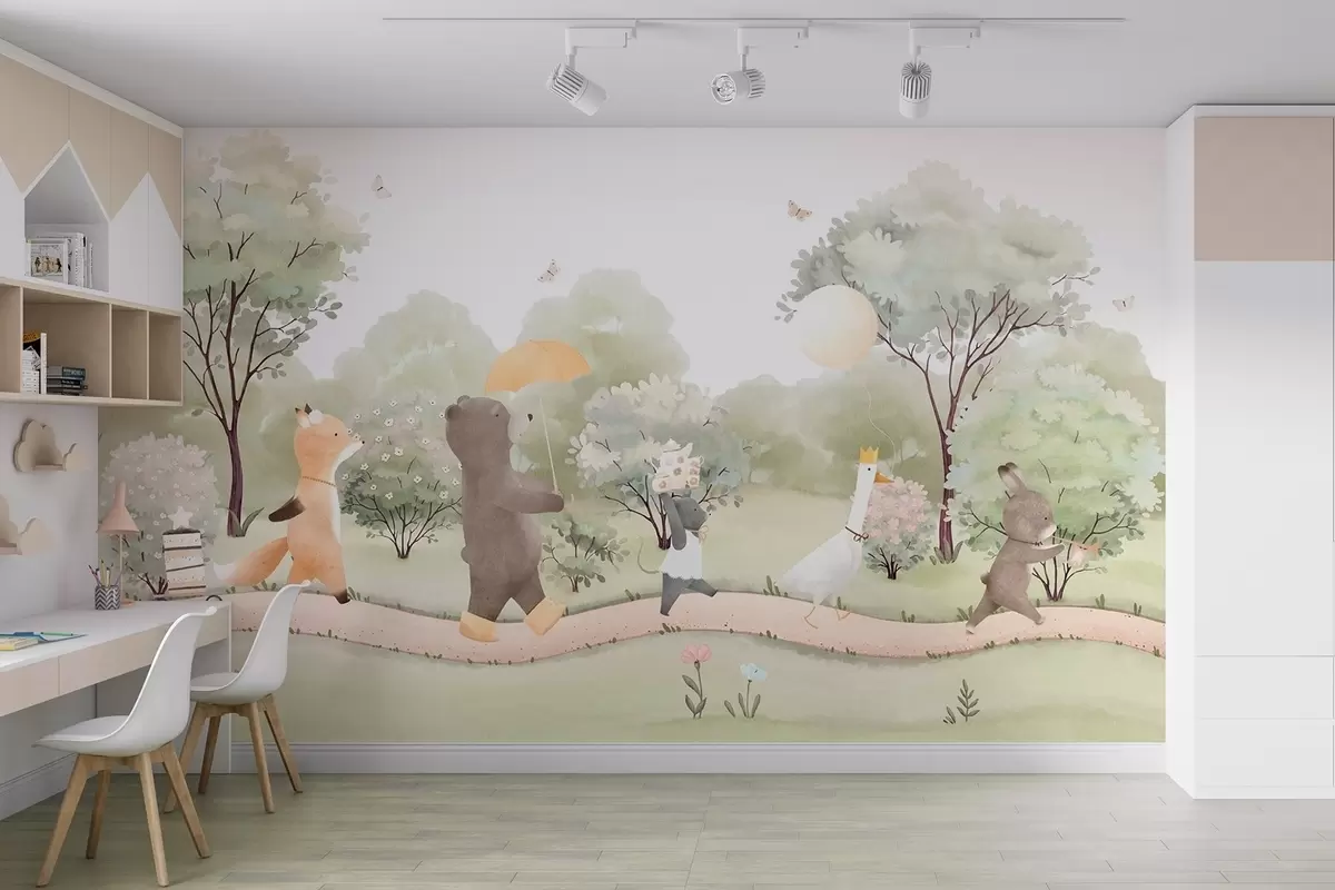 Fotobehang Feestelijke reis van kleine dieren door het bos in aquarelstijl w09440