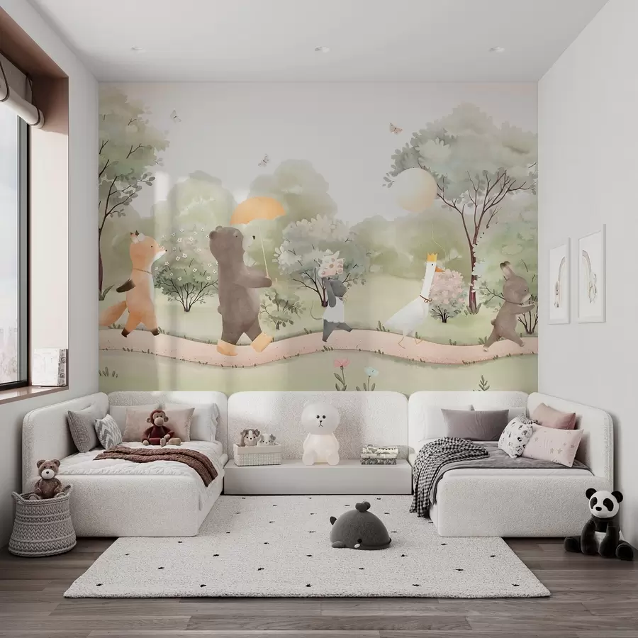 Fotobehang Feestelijke reis van kleine dieren door het bos in aquarelstijl w09440