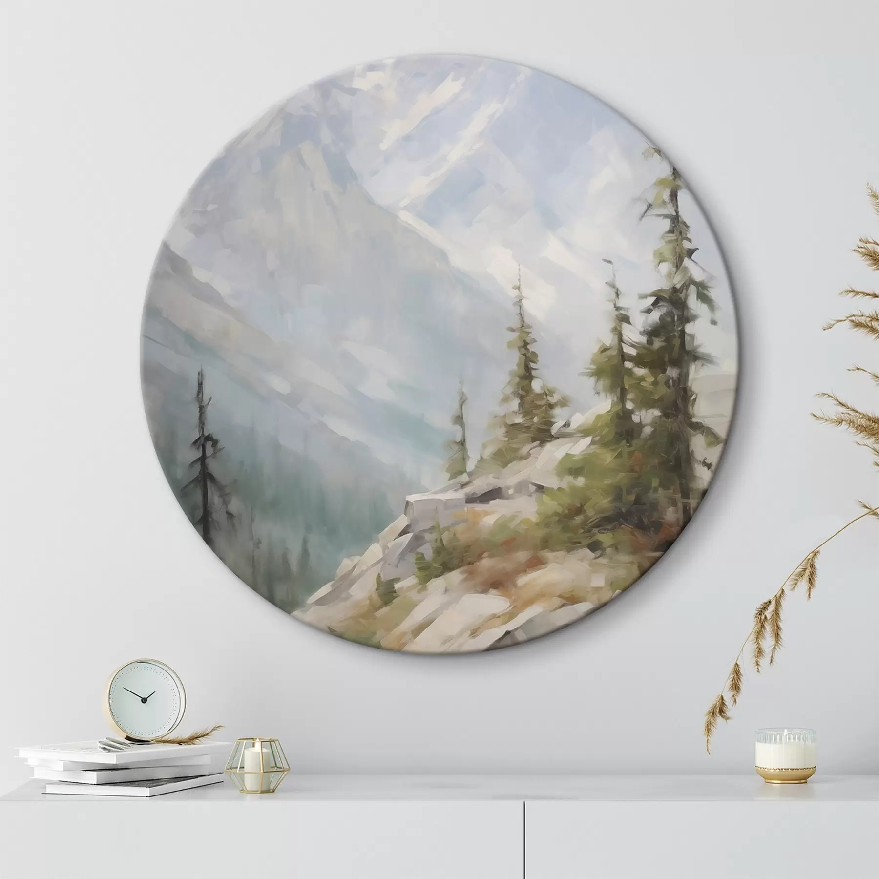  Schilderijen Sparren tegen de achtergrond van bergen r46202