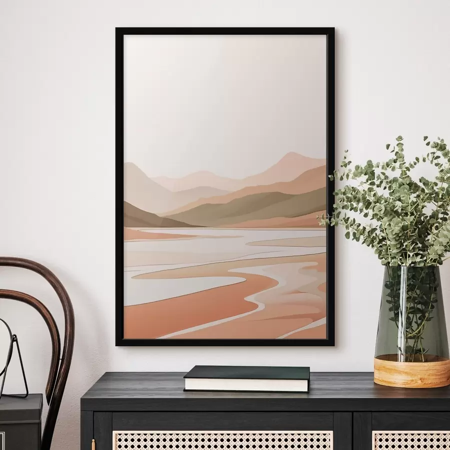 Fotobehang Abstract landschap met bergen en rivier f46249
