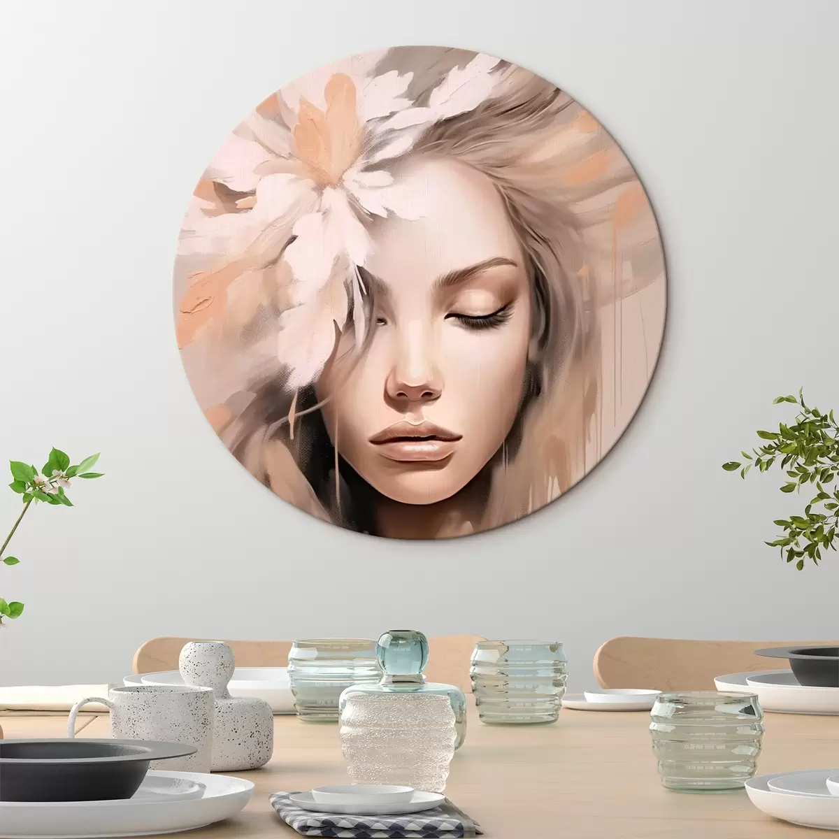 Ronde schilderijen Vrouwelijk portret met een bloem r46218