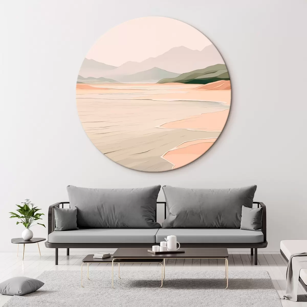 Ronde schilderijen Minimalistisch landschap met bergen en kust r46248