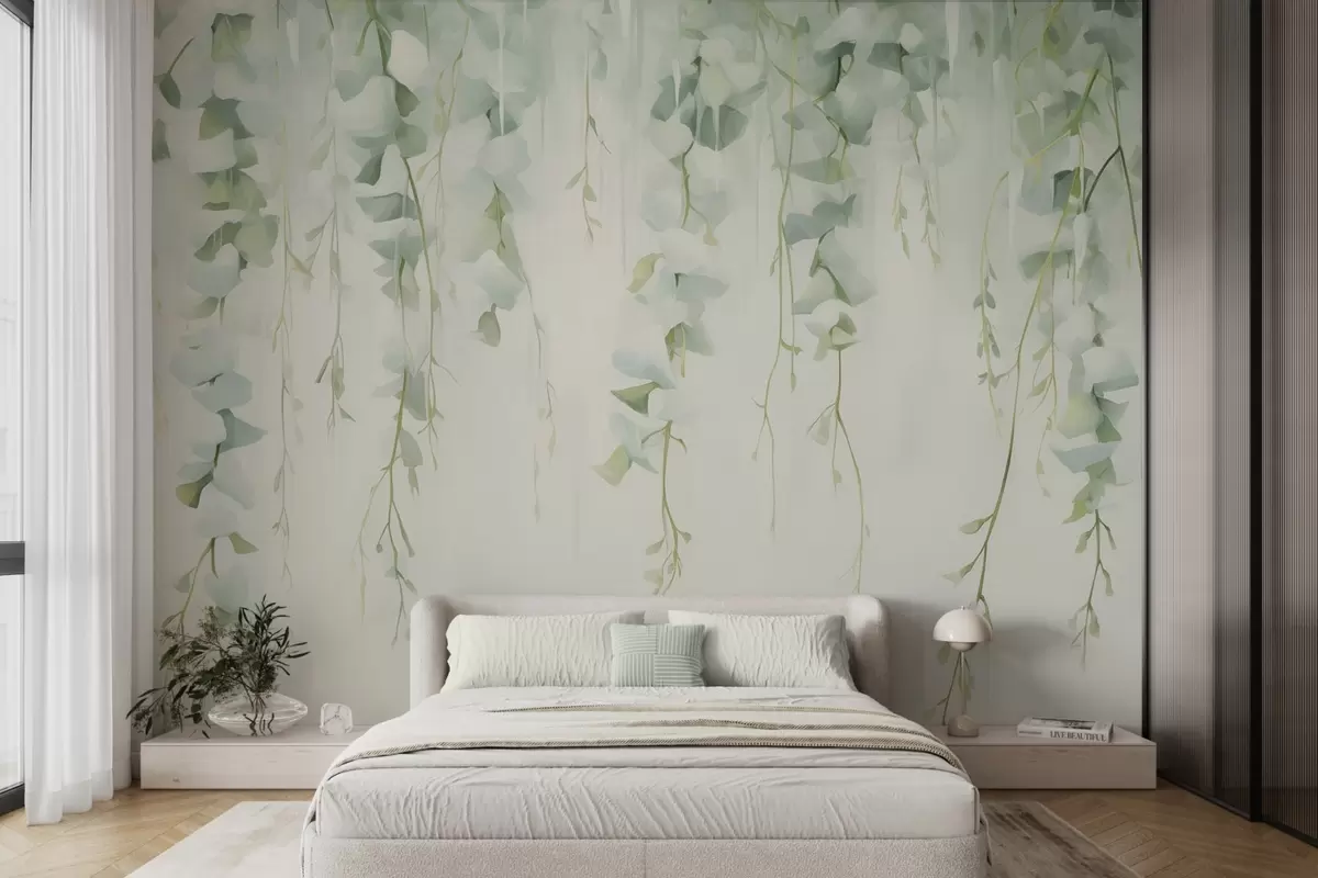 Fotobehang Hangende takken met bladeren w04722