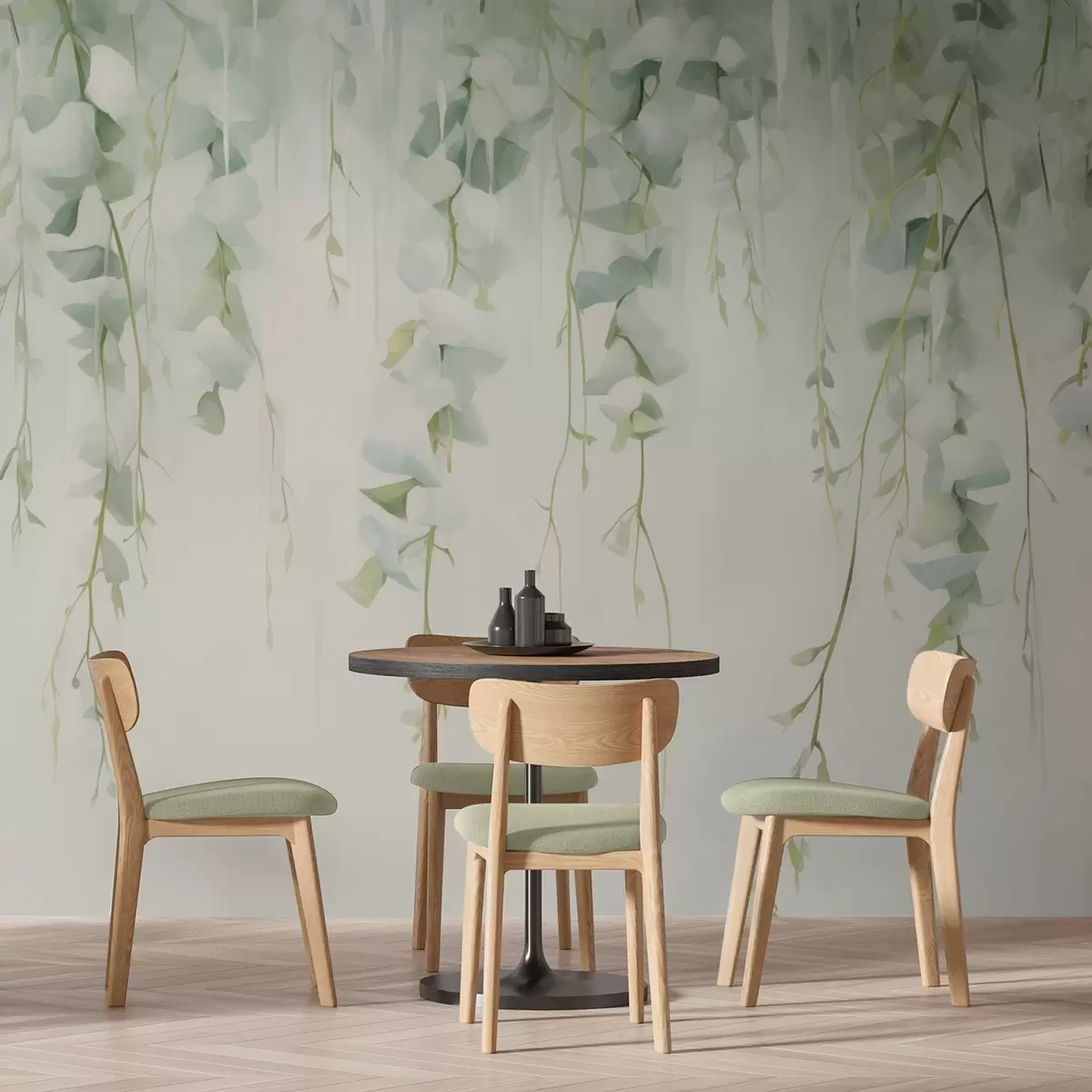 Fotobehang Hangende takken met bladeren w04722