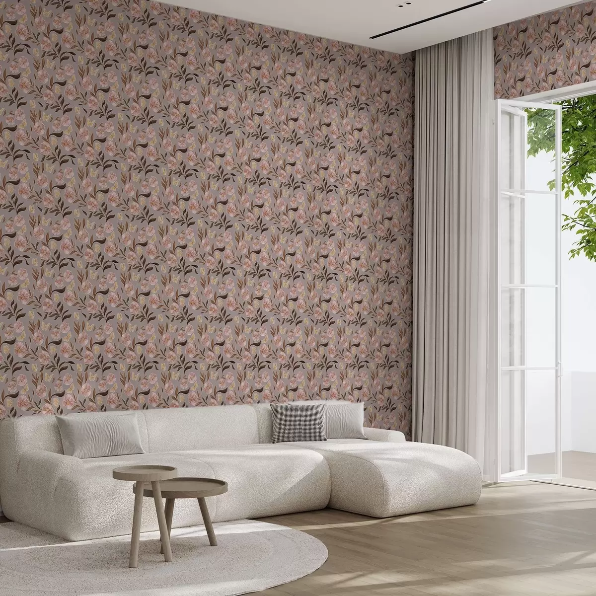Behang Roze bloemen en vlinders op een grijs-beige achtergrond a00633