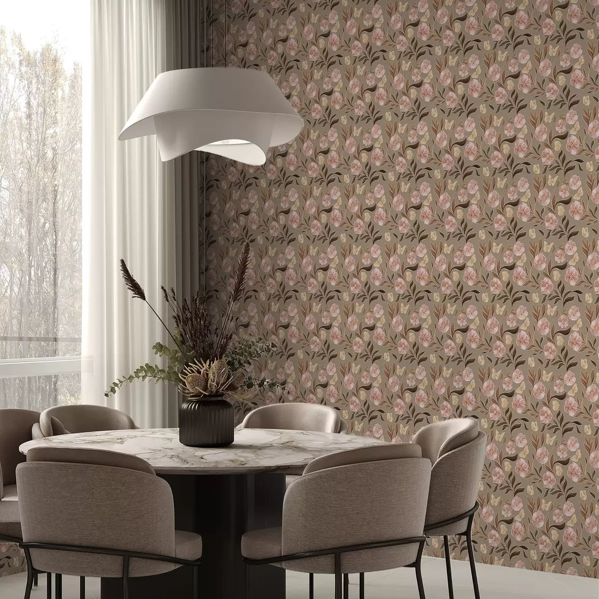Behang Roze bloemen en vlinders op een olijfbeige achtergrond a00633v2