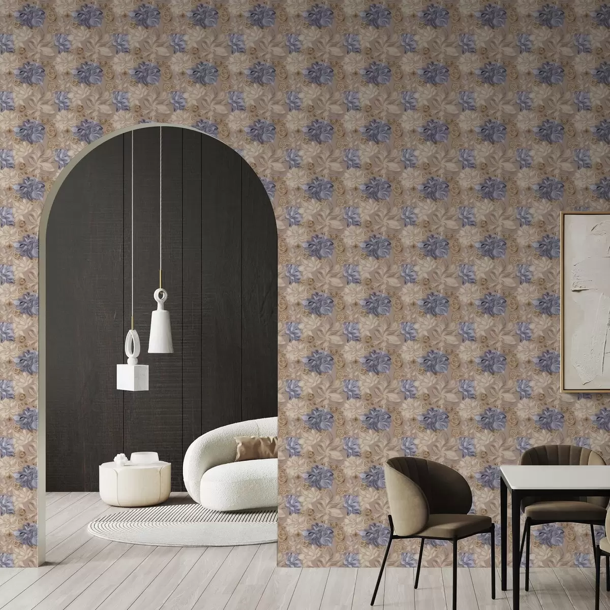 Behang Weelderige crème- en blauwe bloemen in een pastelkleurig palet a00634