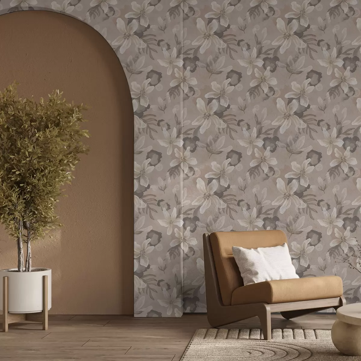Behang Grote beige bloemen met abstracte waterverfvlekken a00635
