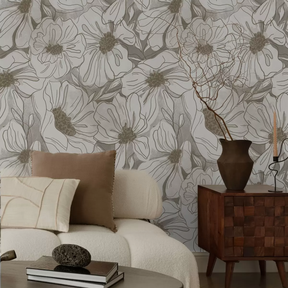 Behang Lineaire bloemen in een monochroom beige-grijs kleurenpalet a00636