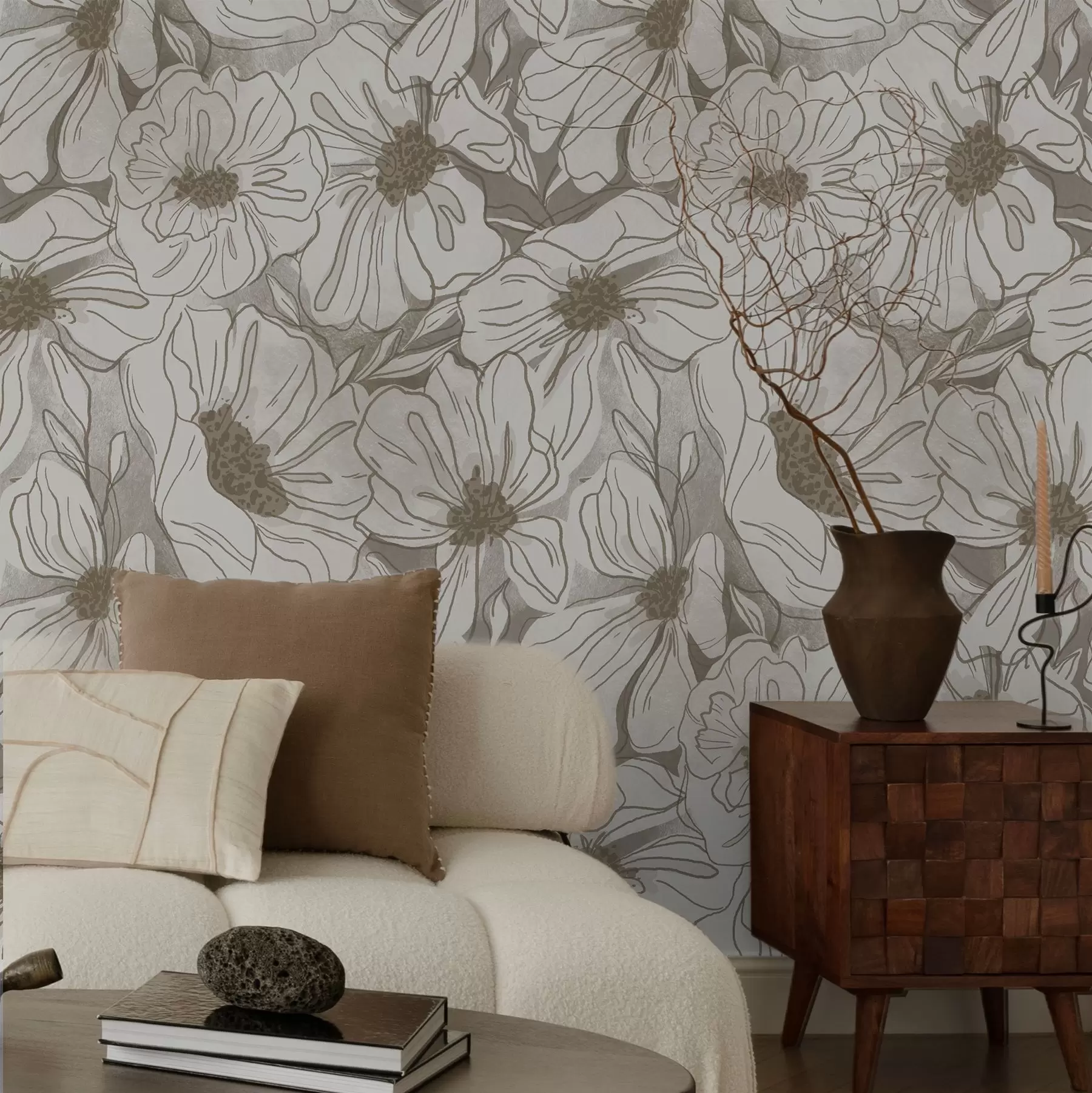 Fotobehang Lineaire bloemen in een monochroom beige-grijs kleurenpalet a00636