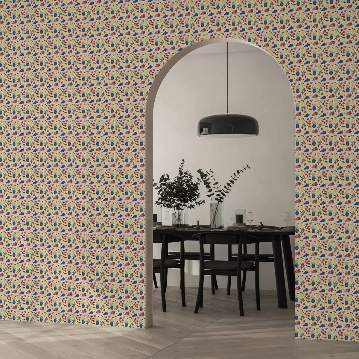 Behang Levendig patroon met fruit, takken en vazen a00637 Behang Levendig patroon met fruit, takken en vazen a00637