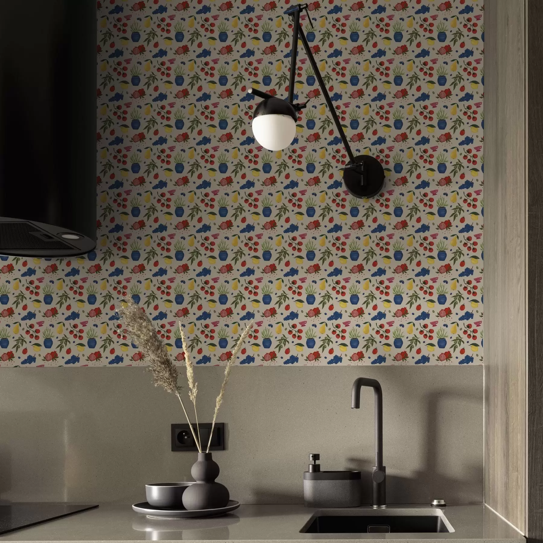 Fotobehang Levendig patroon met fruit, takken en vazen a00637