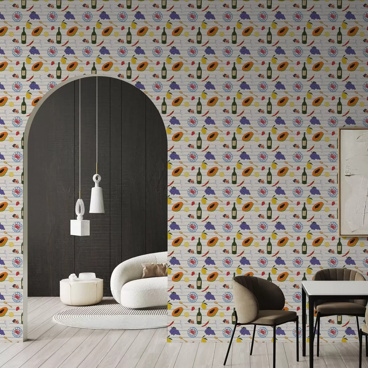 Behang Keukenprint met fruit, glazen en borden a00638