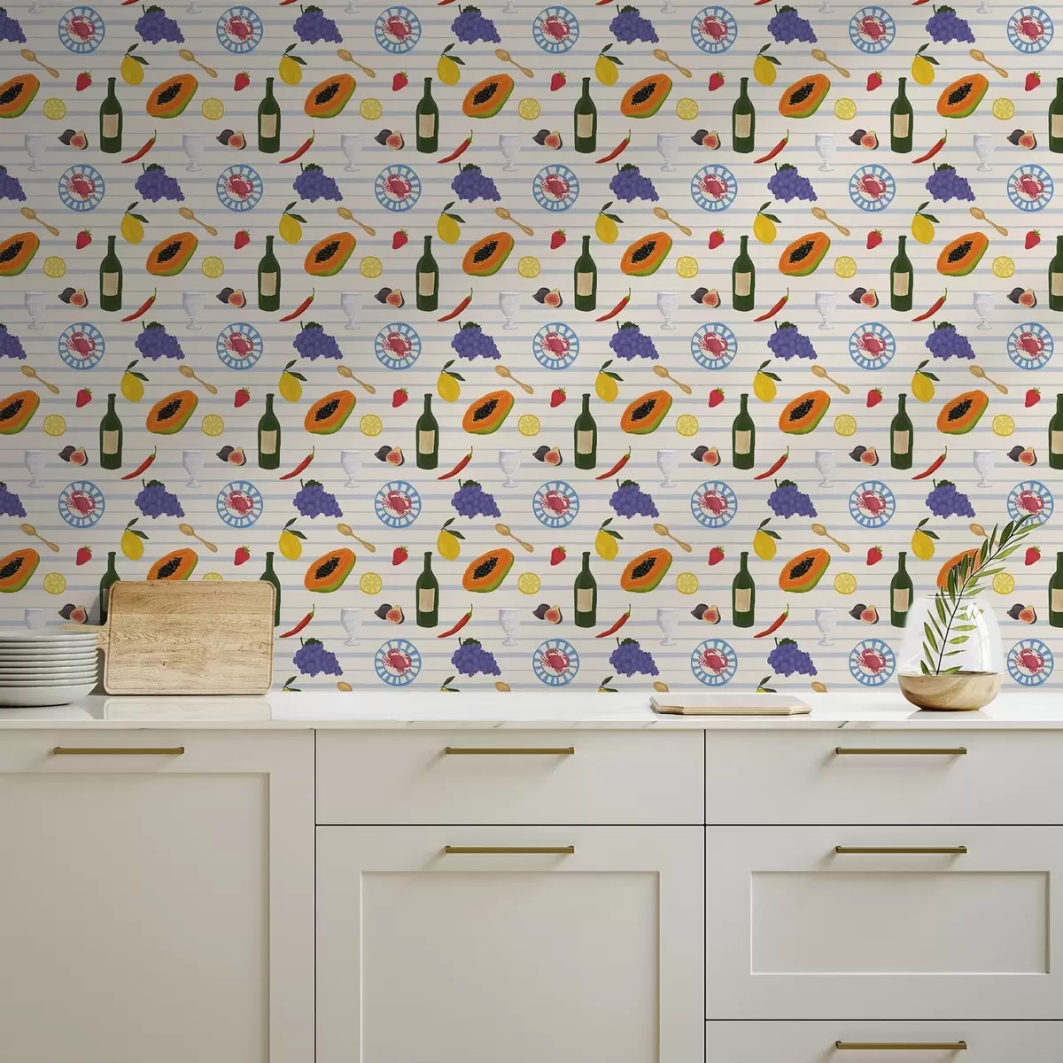 Behang Keukenprint met fruit, glazen en borden a00638
