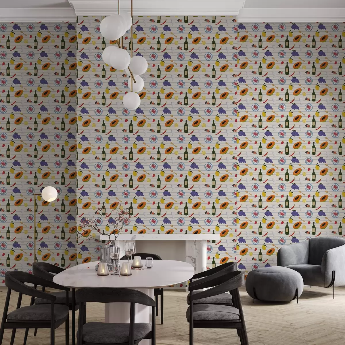 Behang Keukenprint met fruit, glazen en borden a00638 Behang Keukenprint met fruit, glazen en borden a00638