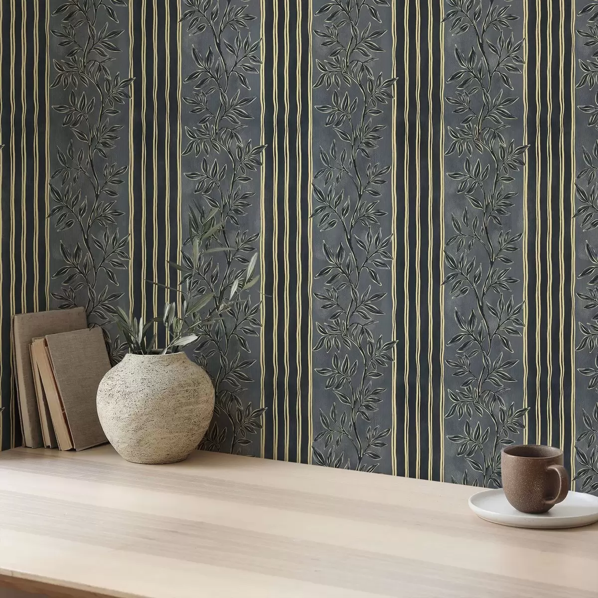 Behang Verticale strepen met botanische patronen in donkere tinten a00648