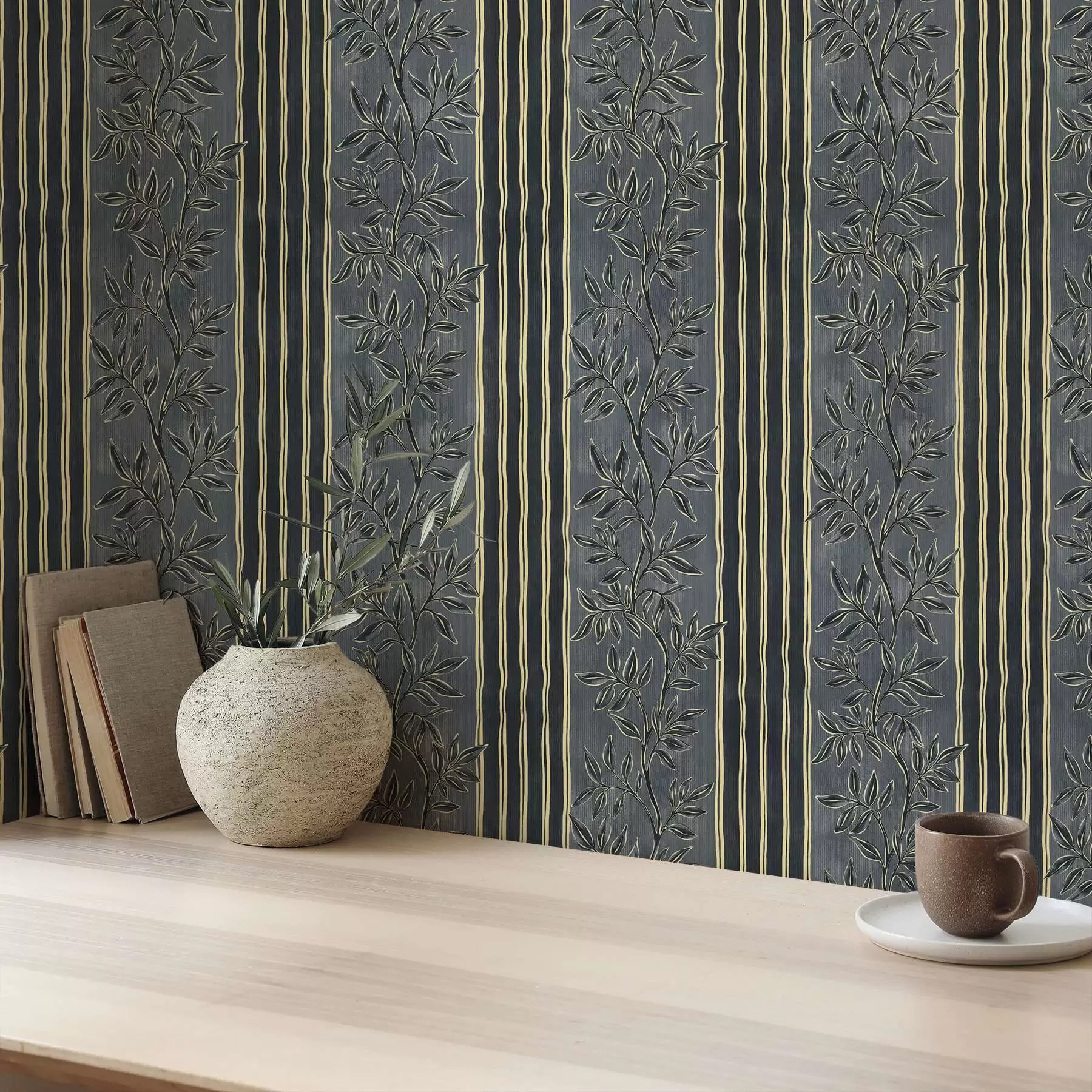 Fotobehang Verticale strepen met botanische patronen in donkere tinten a00648