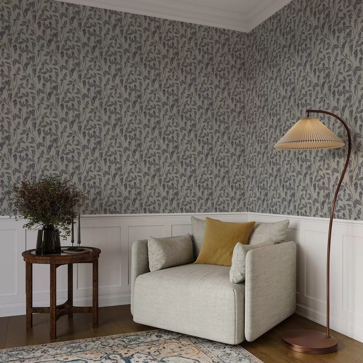 Behang Takken met donkere bloemen op een grijs-beige achtergrond a00672