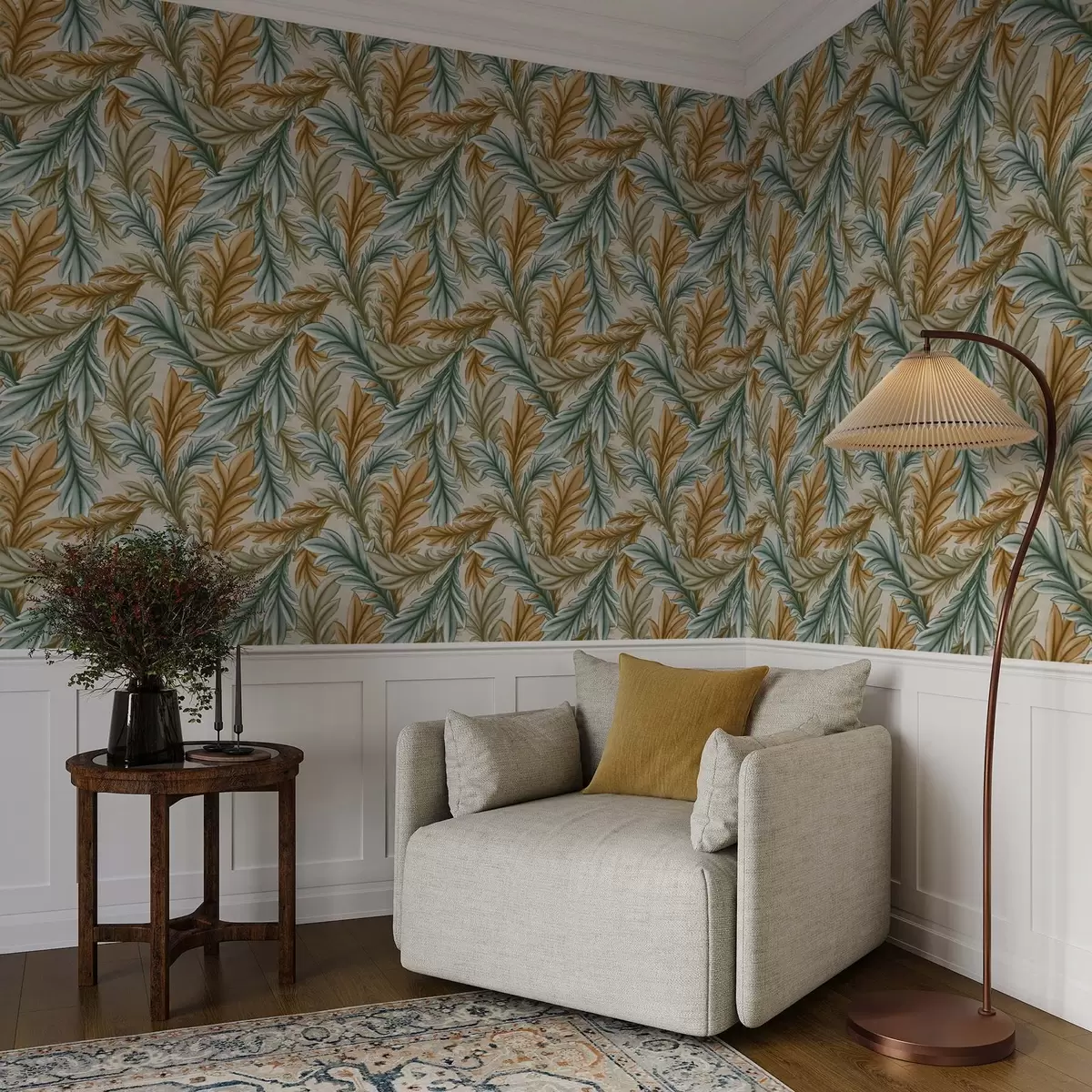 Behang Decoratief blad in een warm oker- en groenpalet a00673