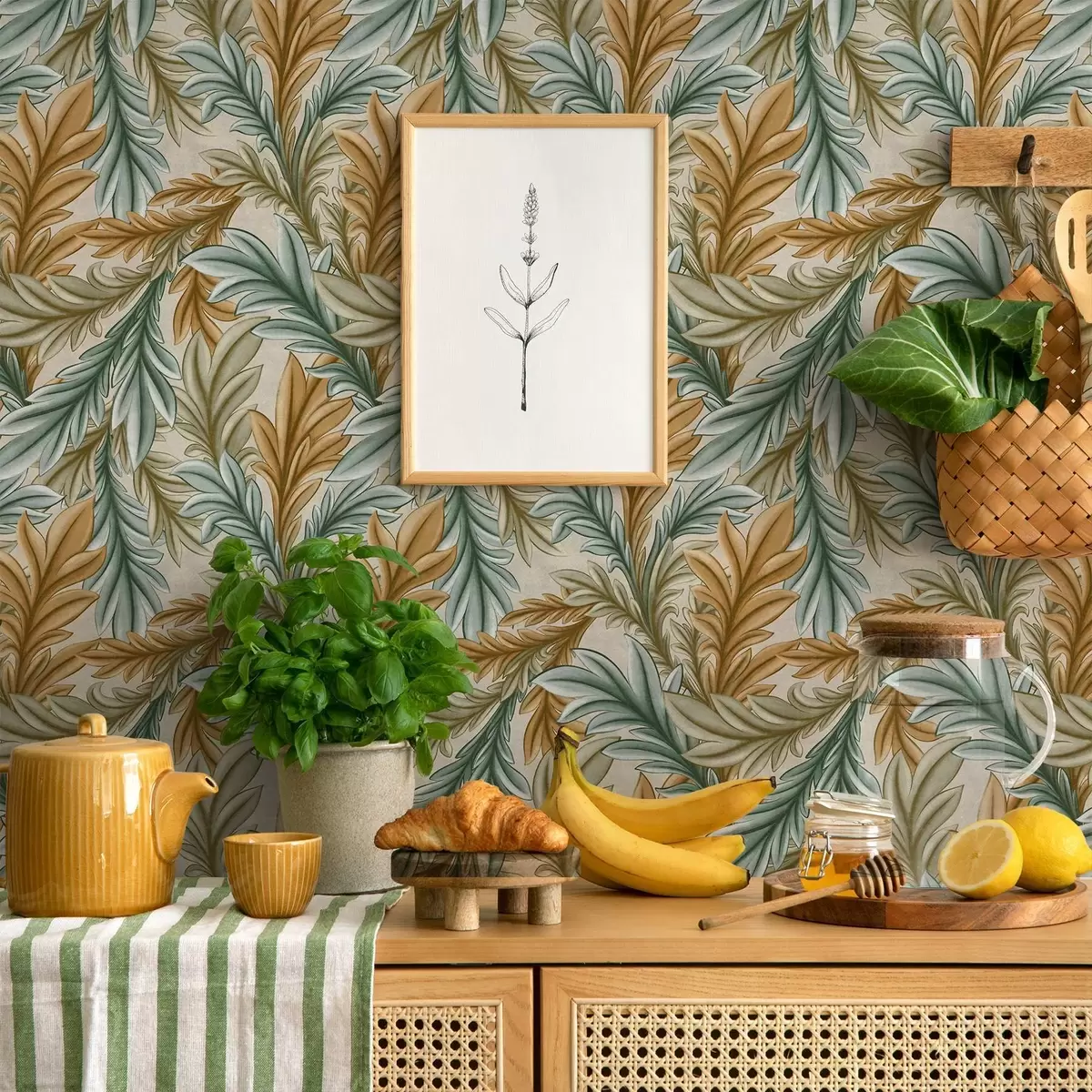 Behang Decoratief blad in een warm oker- en groenpalet a00673