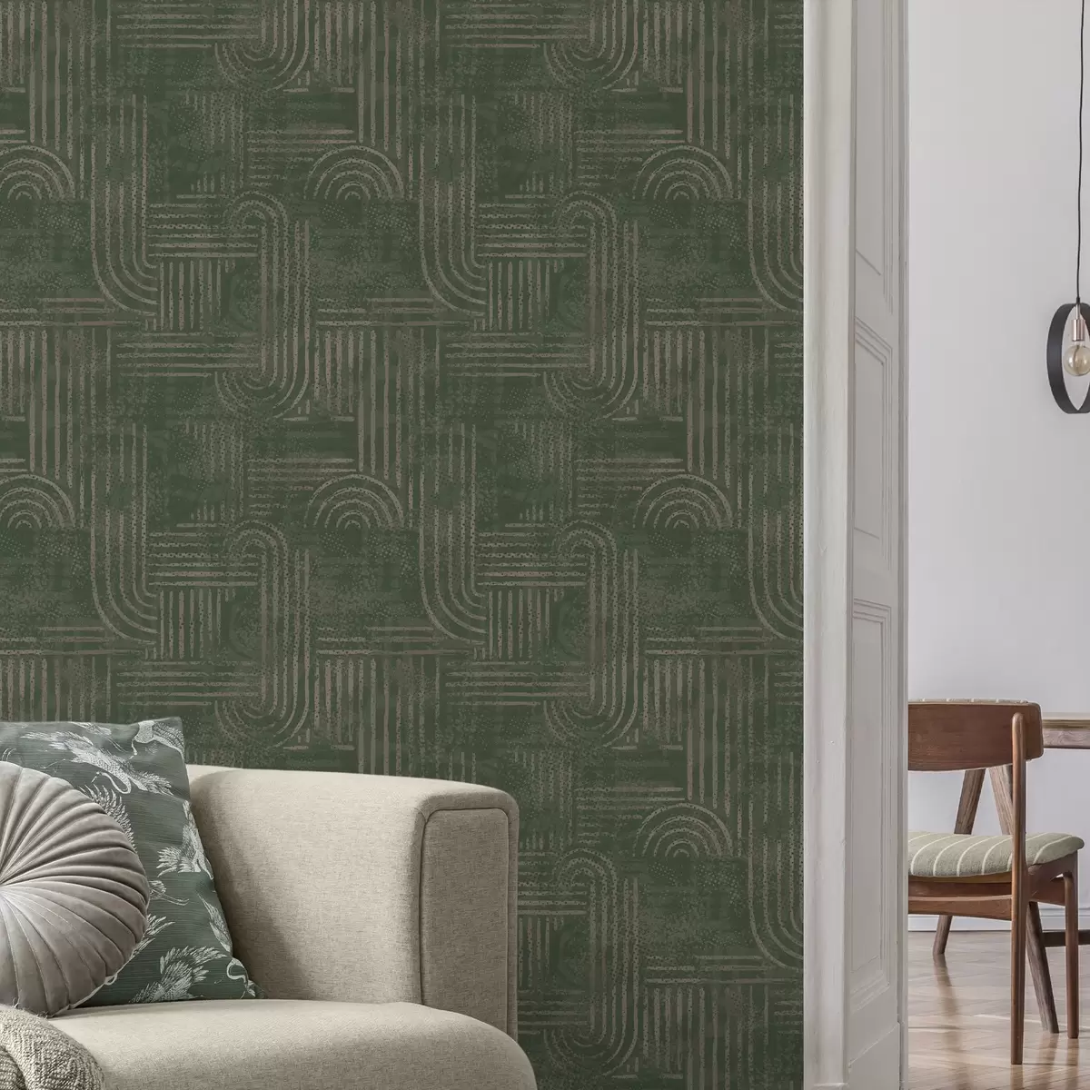 Behang Geometrisch patroon met bogen in een groen kleurenpalet a00697