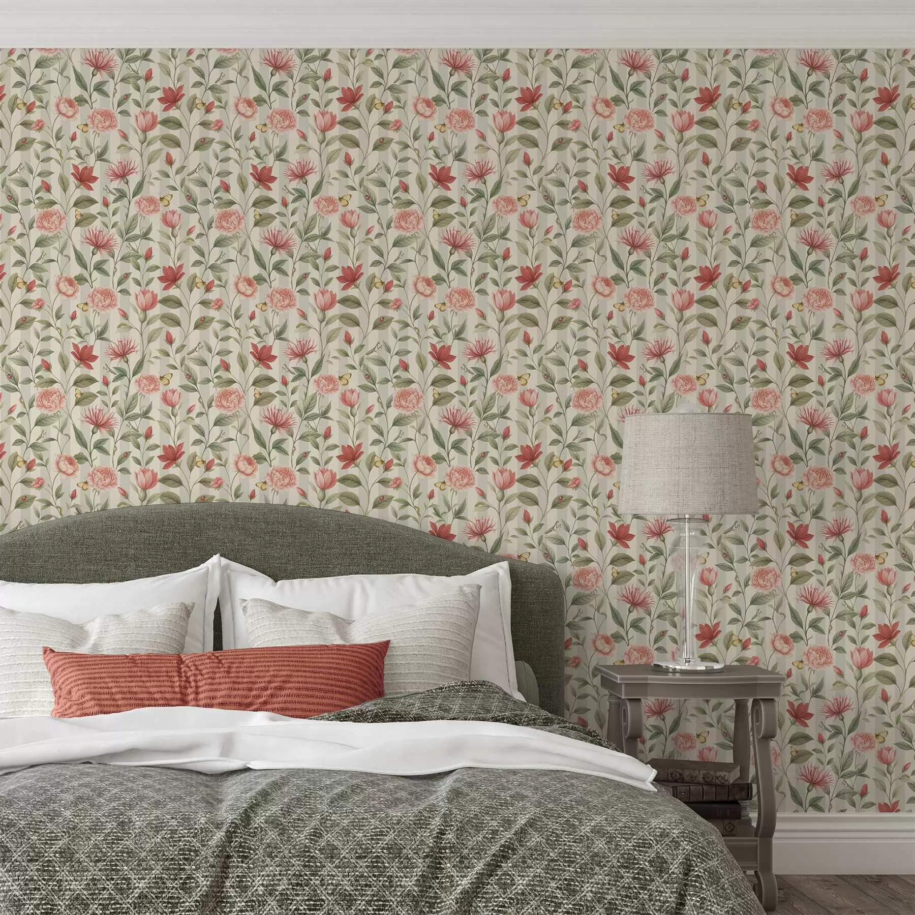 Fotobehang Bloemstelen met vlinders op een lichte achtergrond a00698